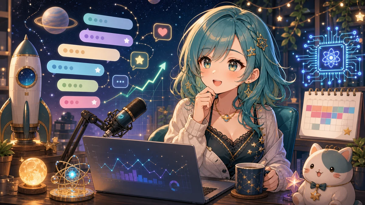 宇宙モチーフと小型株チャートを背景にコメントを読む人物のイメージ