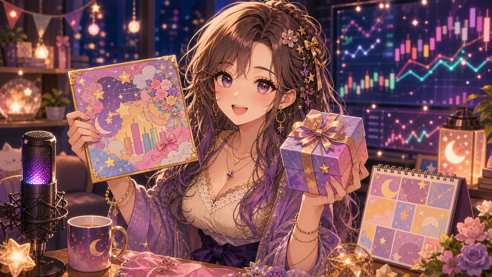 1周年グッズとミニ色紙特典を紹介する配信部屋のイメージ