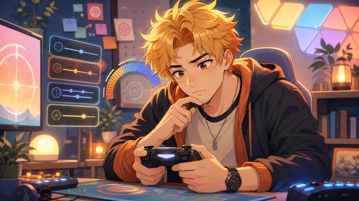 明るい配信部屋でゲームパッドと感度設定画面を見比べるオリジナル男性キャラクターのイメージ