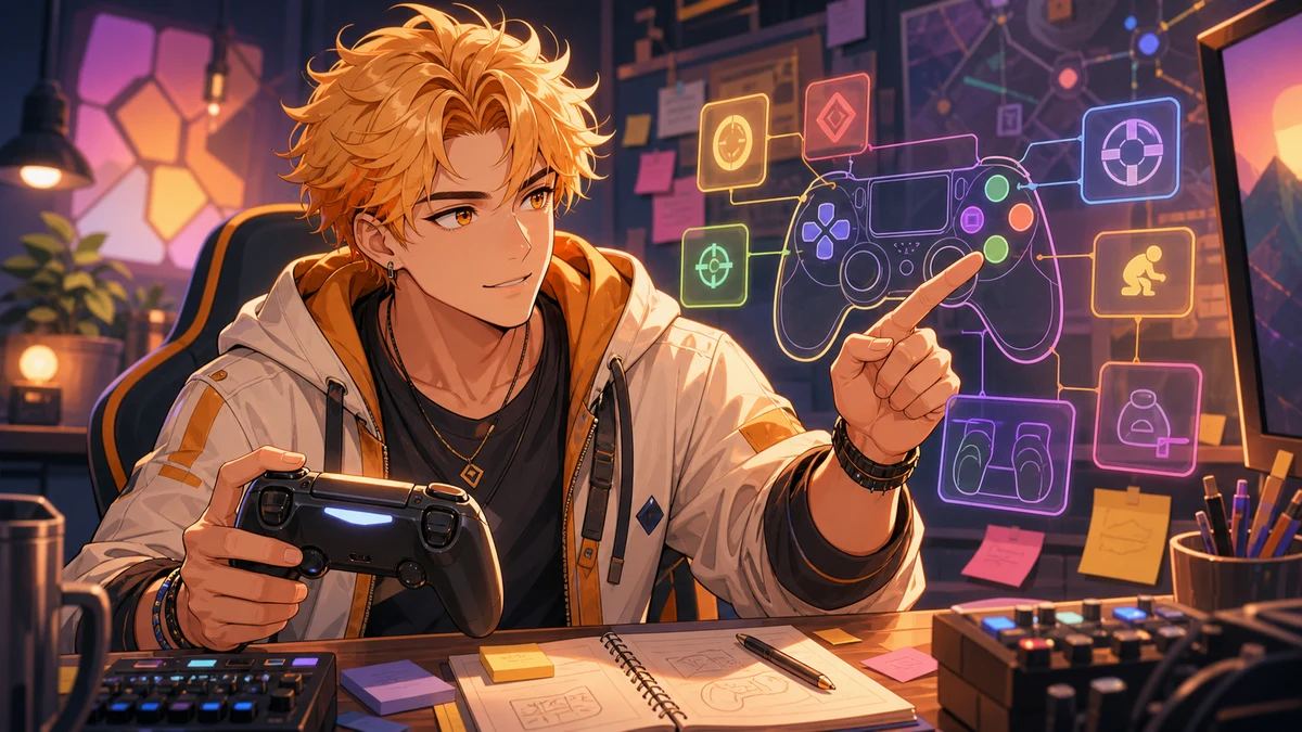 ゲームパッドのボタン配置メモと明るい戦術マップを前に考え込むオリジナル男性キャラクターのイメージ