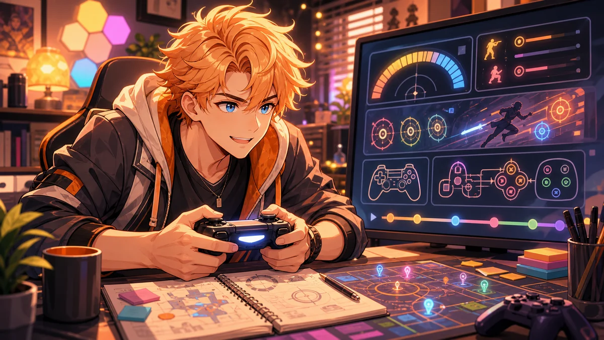練習ログのメモと抽象的な操作画面を見比べるオリジナル男性キャラクターのイメージ
