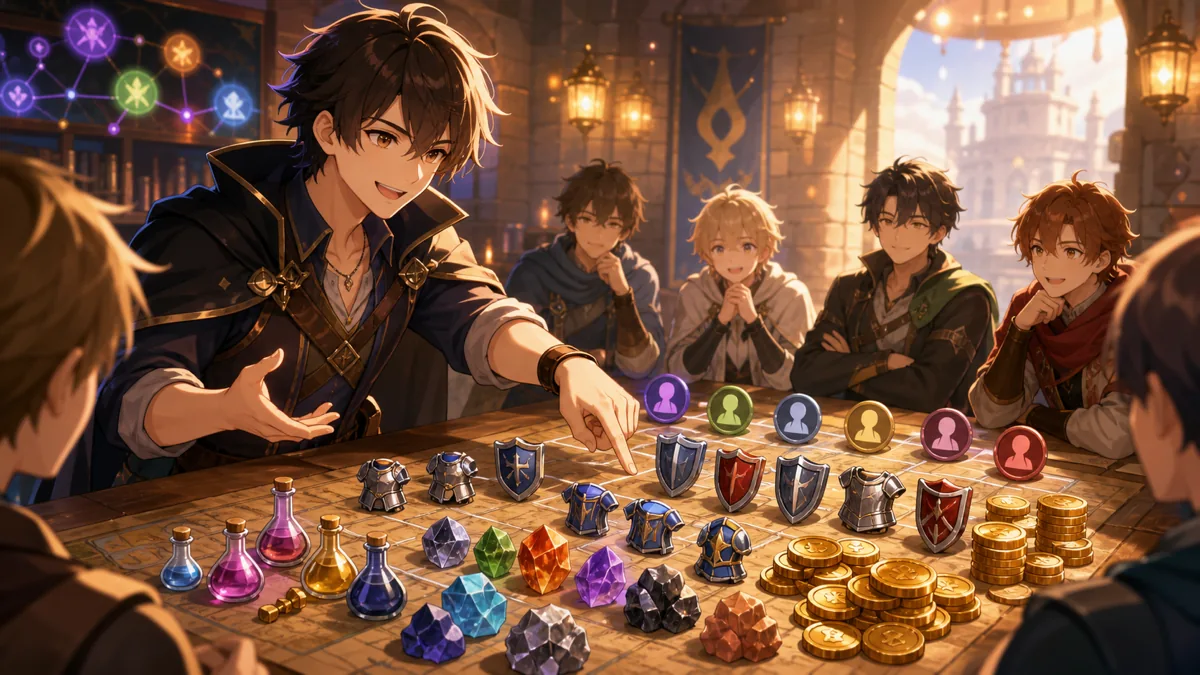 DoZ最終日の作戦机で装備と資金相談を進めるオリジナル男性キャラクターのイメージ