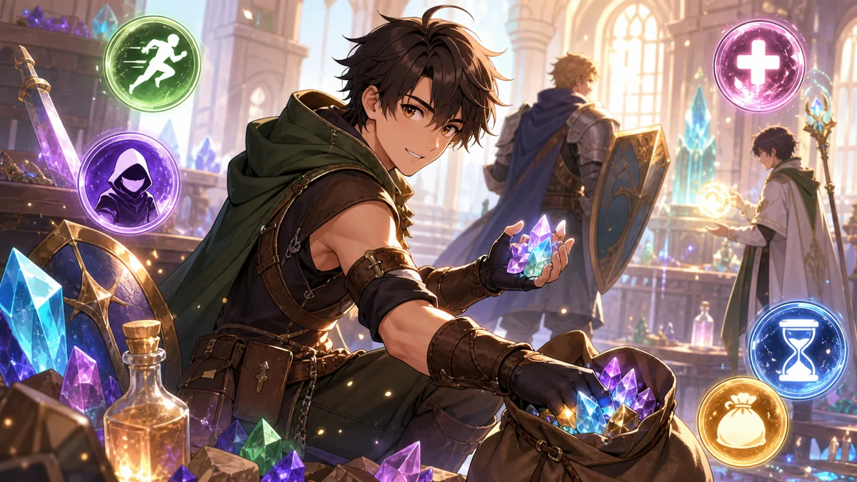 ローグ化と素材集めを進める塔の広間で荷物を整理するオリジナル男性キャラクターのイメージ