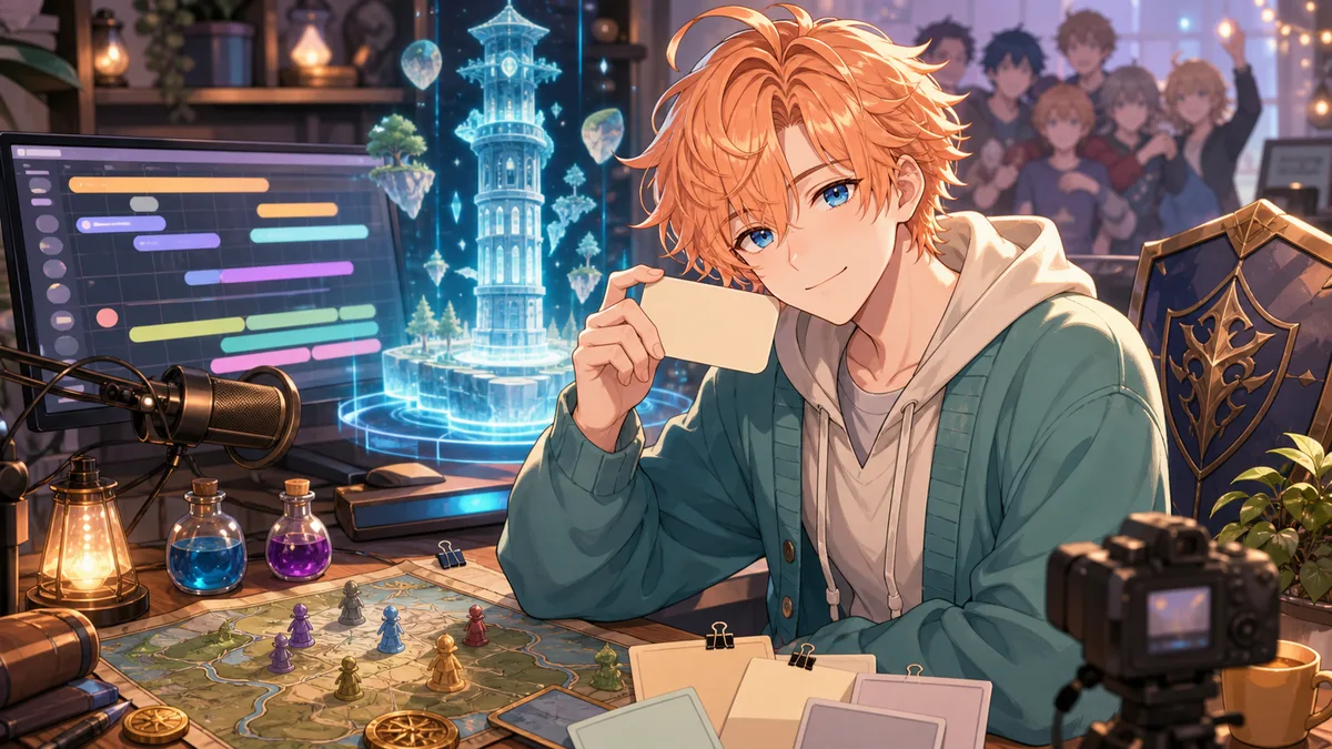 長時間レイドのアーカイブ確認と作戦メモを整理するオリジナル男性キャラクターのイメージ