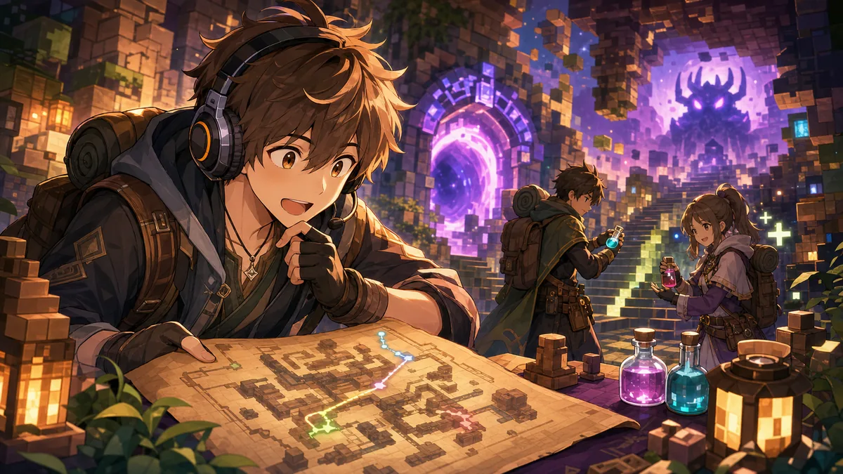 DoZの世界観説明と1層初挑戦を前に地図を確認するオリジナル男性キャラクターのイメージ