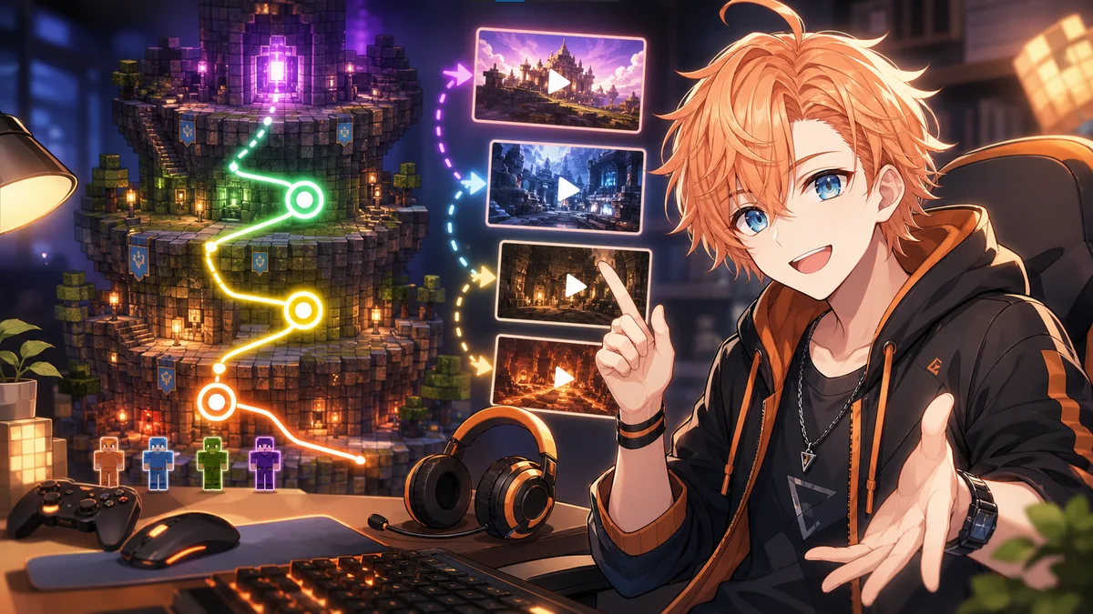 塔の下層ルートと動画カードを指し示すオリジナル男性キャラクターのイメージ