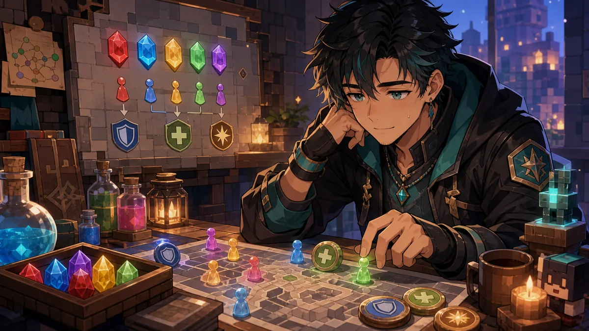 長時間レイドで色名と職業構成をホワイトボード風の作戦卓で見直す男性オリジナルキャラクターのイメージ