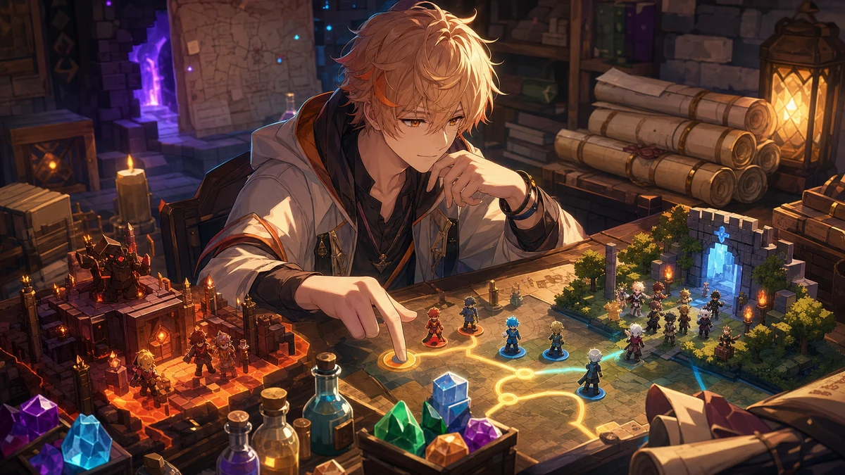 タイムラインと色付きの小さな駒を卓上で確認する男性オリジナルキャラクターのイメージ