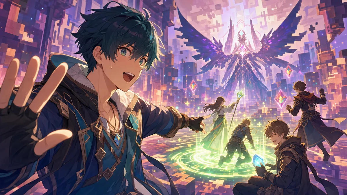 5層初見レイドで高い敵に驚きながらも笑うオリジナル男性キャラクターのイメージ