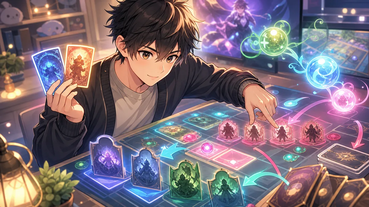 明るい戦術ボードの前で回復アイコンと横展開カードを見比べるオリジナル男性キャラクターのイメージ