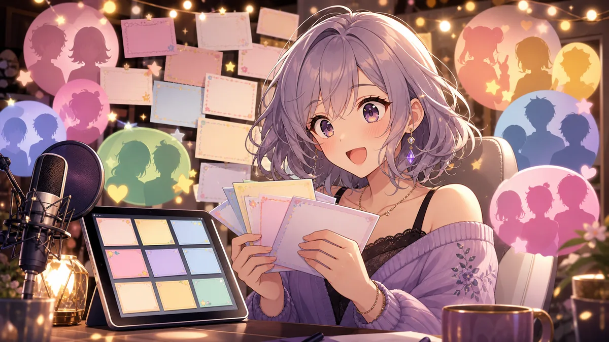 たくさんのメッセージカードを読みながら配信するオリジナル女性キャラクターのイメージ