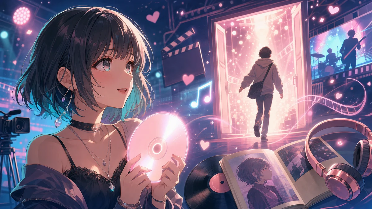 音楽スタジオの光とディスクを見つめるオリジナル女性キャラクターのイメージ