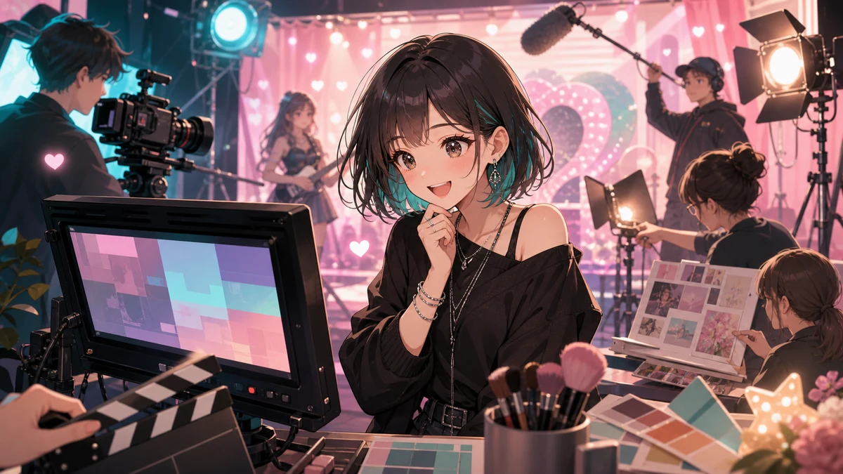 撮影スタジオでカメラや照明に囲まれるオリジナル女性キャラクターのイメージ
