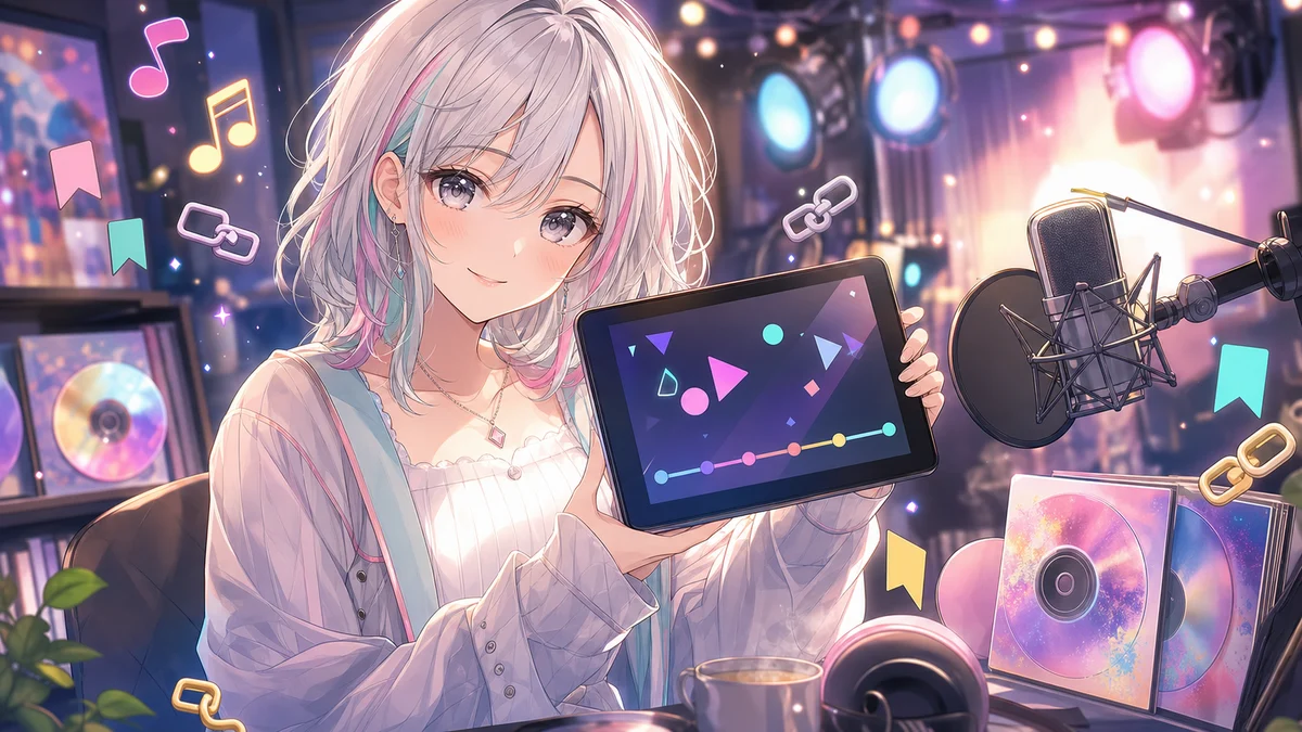 白い髪の女性キャラクターが音楽スタジオでタブレットの抽象再生画面を示すイラスト