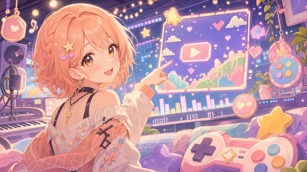 ゲーム画面風ステージで新曲MVを楽しむオリジナル女性キャラクターのイメージ