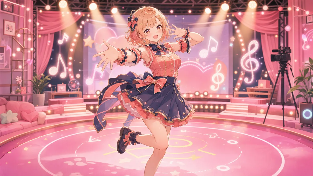 ピンクのステージでリズムに合わせて踊るオリジナル女性キャラクターのイメージ