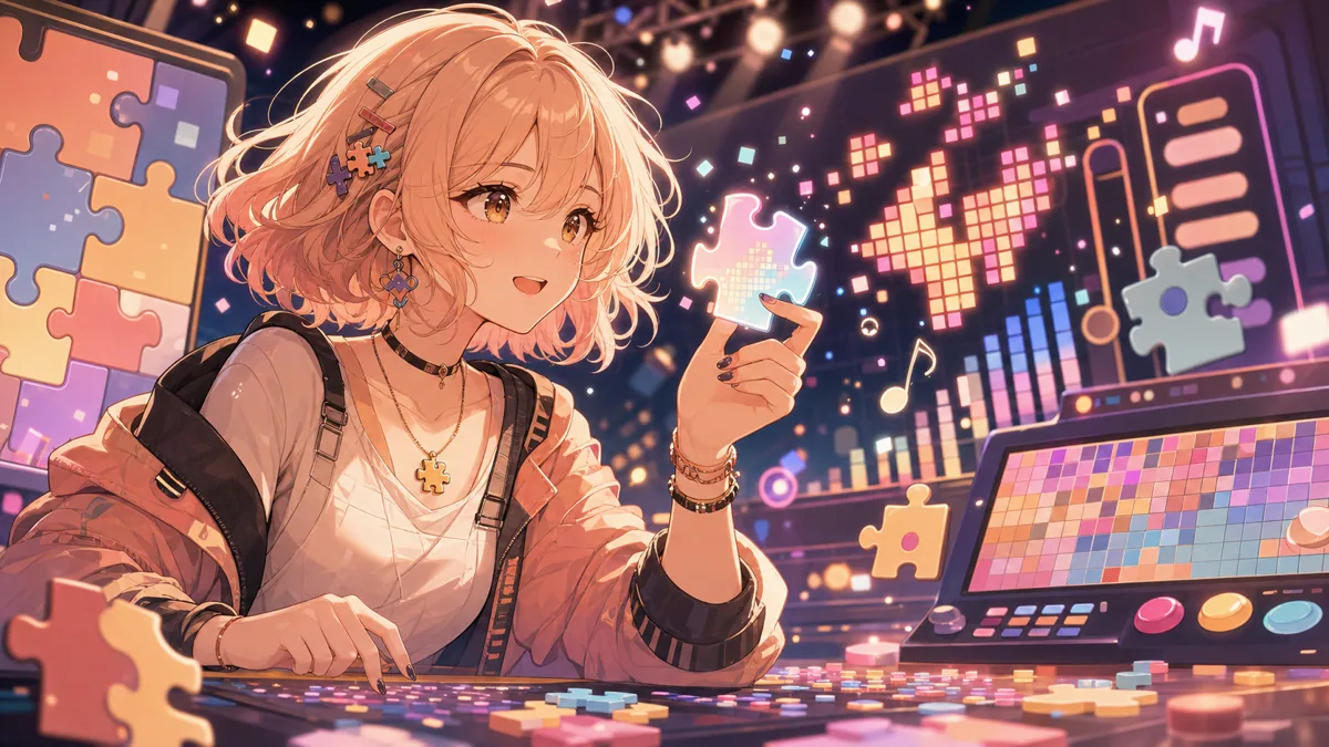 ドット絵とパズル風の小物に囲まれてMVを楽しむオリジナル女性キャラクターのイメージ