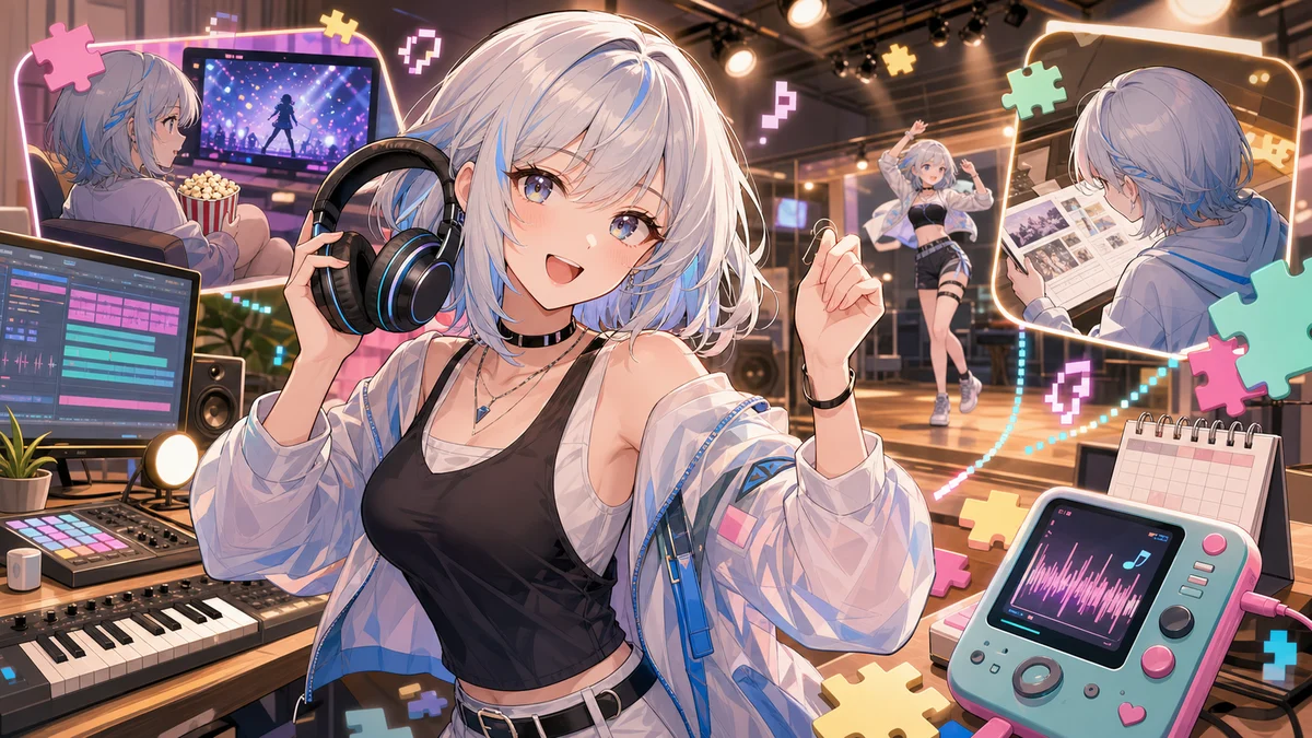 音楽スタジオで配信素材とダンス練習の準備をするオリジナル女性キャラクターのイメージ