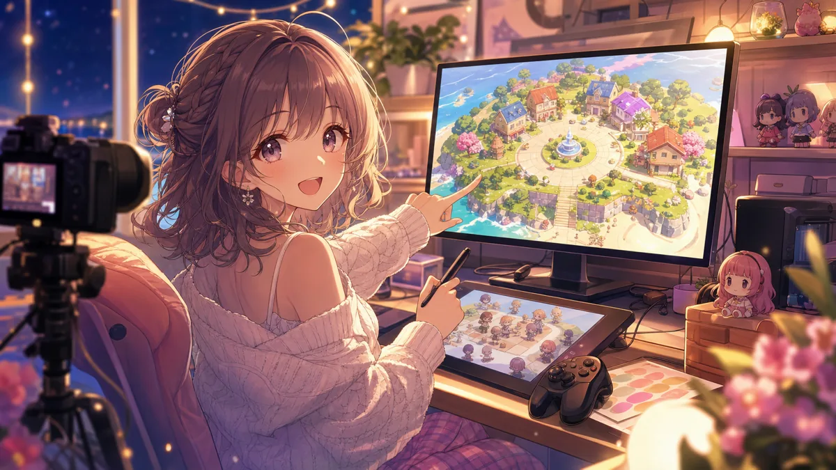 録画を見返しながら島名と最初の住人作りを説明するオリジナル女性キャラクターのイメージ