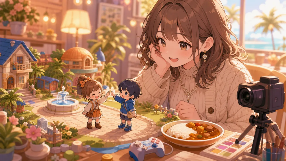 完成した住人同士が出会い、カレー皿や小さな島の模型を囲むオリジナル女性キャラクターのイメージ