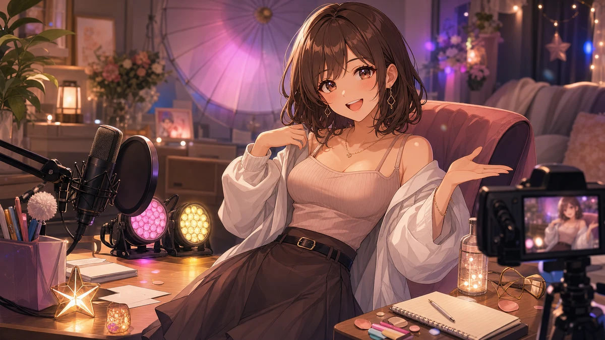 配信部屋で新しい制服衣装を見せながらライブのメモを広げるオリジナル女性キャラクターのイメージ
