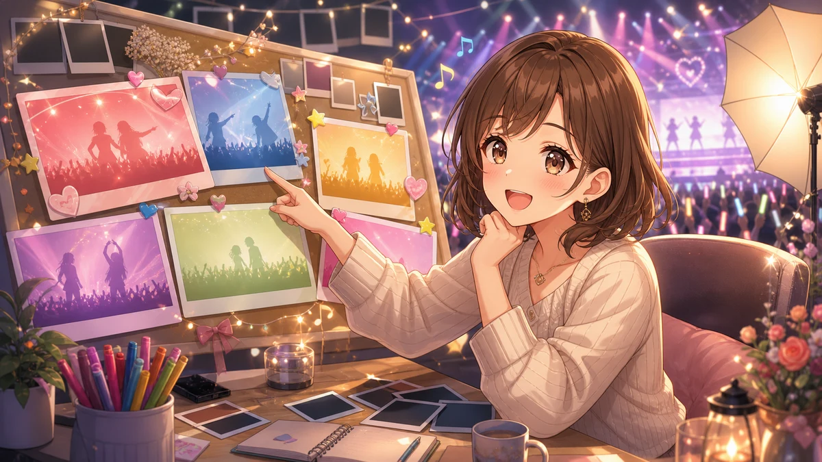 ステージ写真を見ながらゲストとの曲を振り返るオリジナル女性キャラクターのイメージ