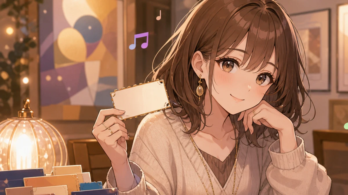 ライブグッズと企画展の地図を見ながら次に見る予定を整理するオリジナル女性キャラクターのイメージ