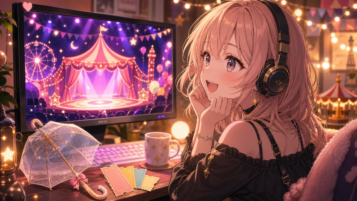 サーカス風の配信待機画面を見ながらライブ開演を待つオリジナル女性キャラクターのイメージ