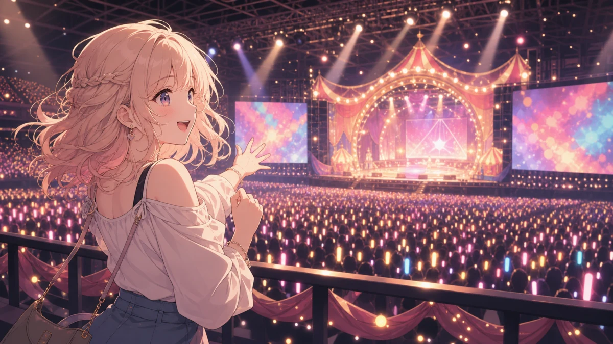 大きなライブ会場の客席とステージ照明を前に高揚するオリジナル女性キャラクターのイメージ