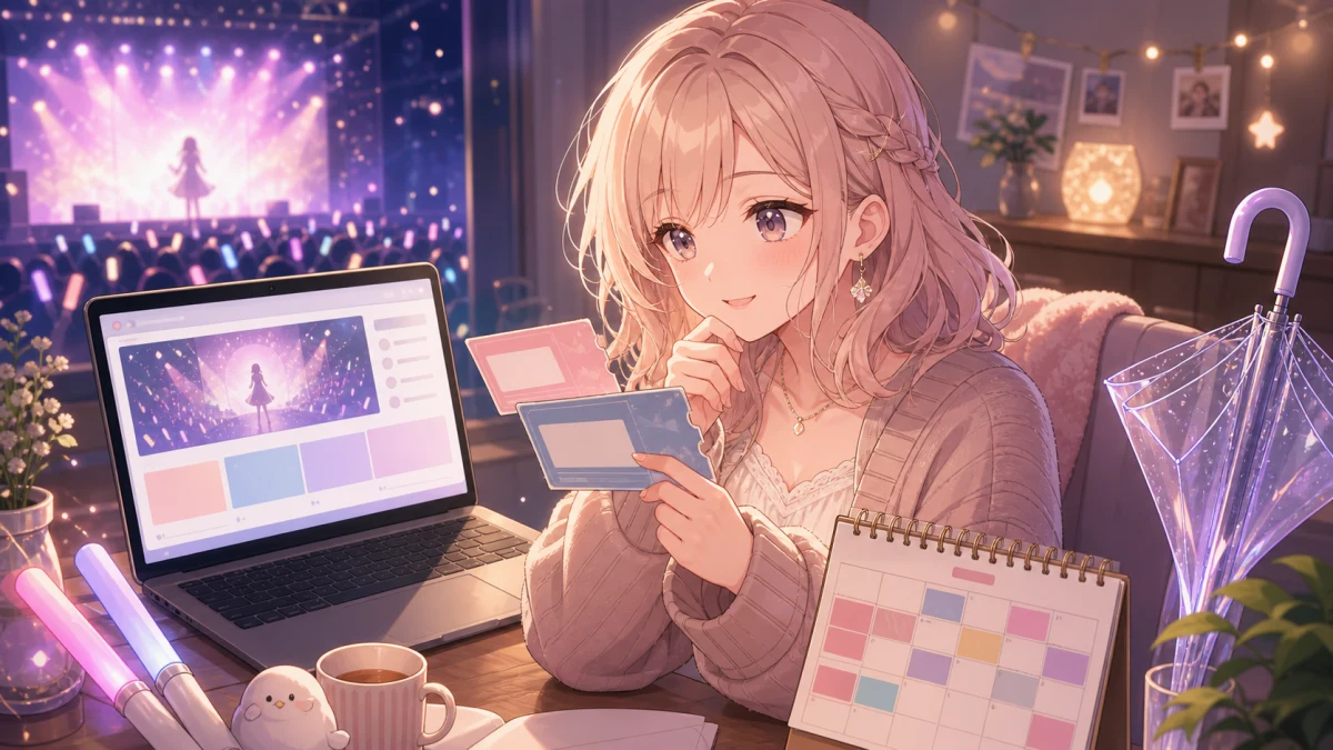 配信チケットとアーカイブ視聴を確認しながらライブの余韻を楽しむオリジナル女性キャラクターのイメージ