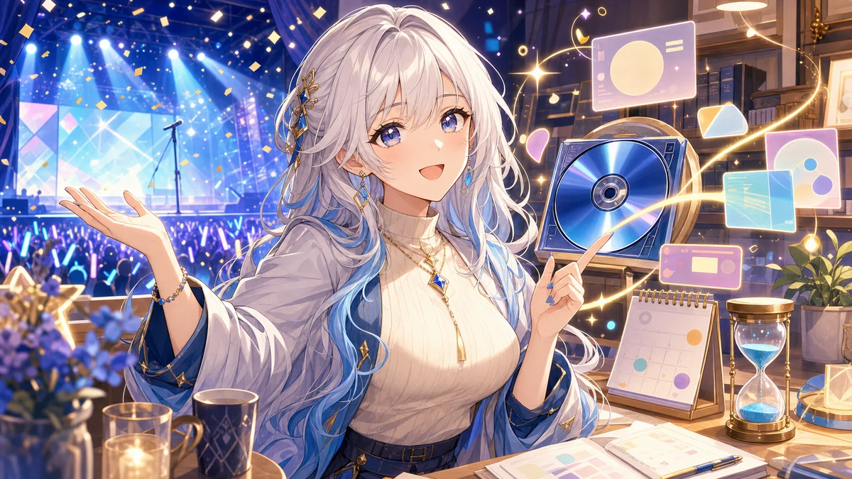 ライブ映像とディスクやカレンダーを机上で見比べる白髪の女性キャラクターのイメージ