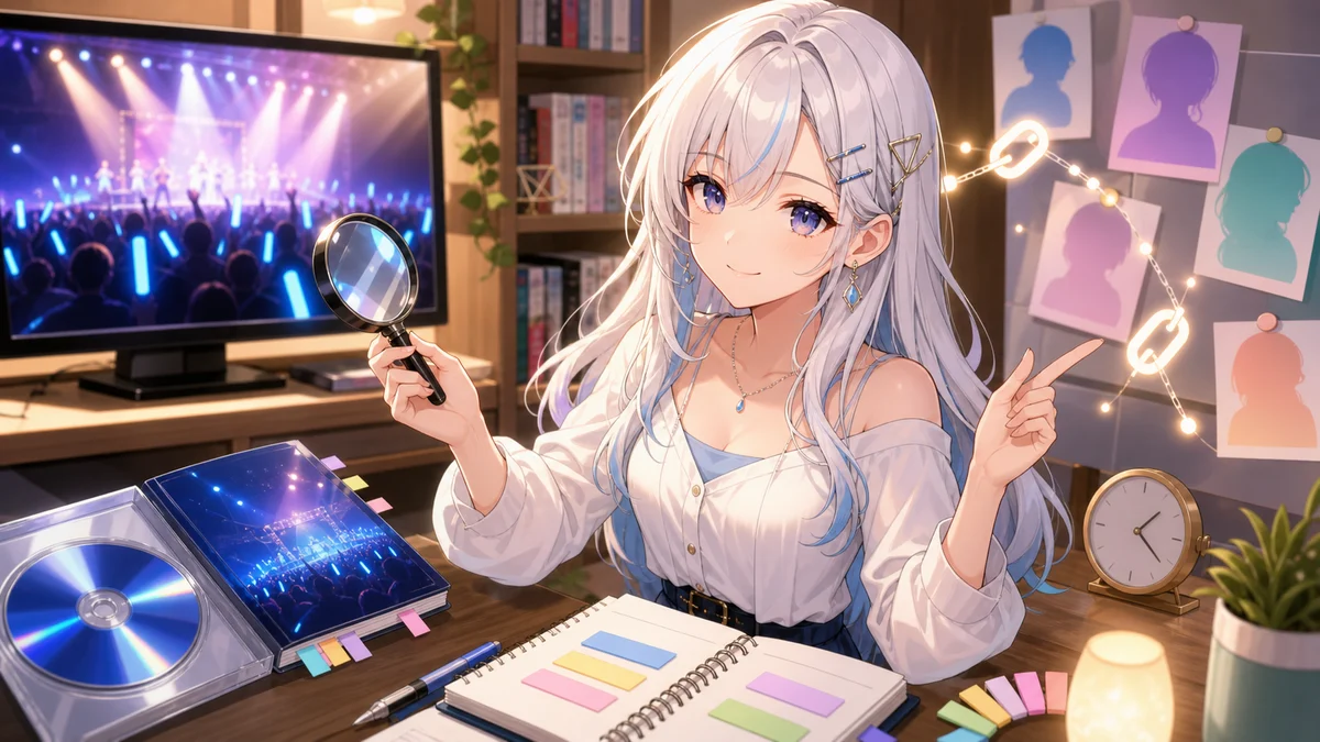 配信画面とディスクと資料を確認する白髪の女性キャラクターのイメージ