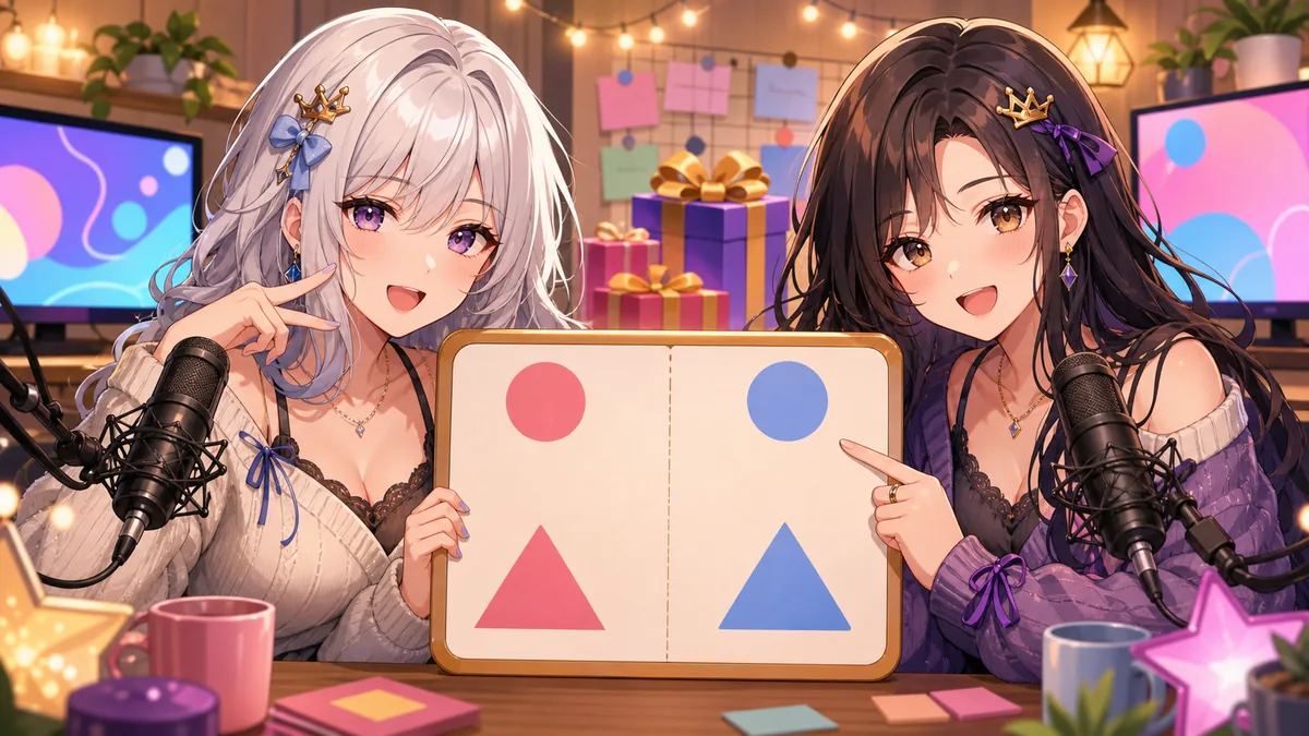 2択クイズのあと告知へ切り替わる配信部屋のオリジナル女性キャラクター二人のイメージ