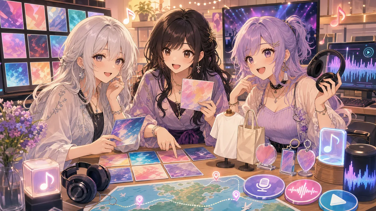 音楽配信とグッズ導線を整理する配信画面とオリジナル女性キャラクター三人のイメージ