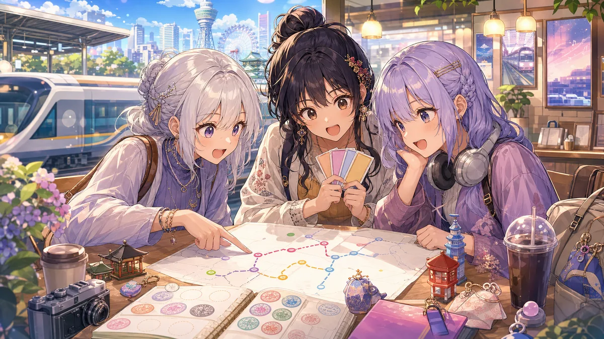 大阪旅行企画と新幹線の案内を確認するオリジナル女性キャラクター三人のイメージ