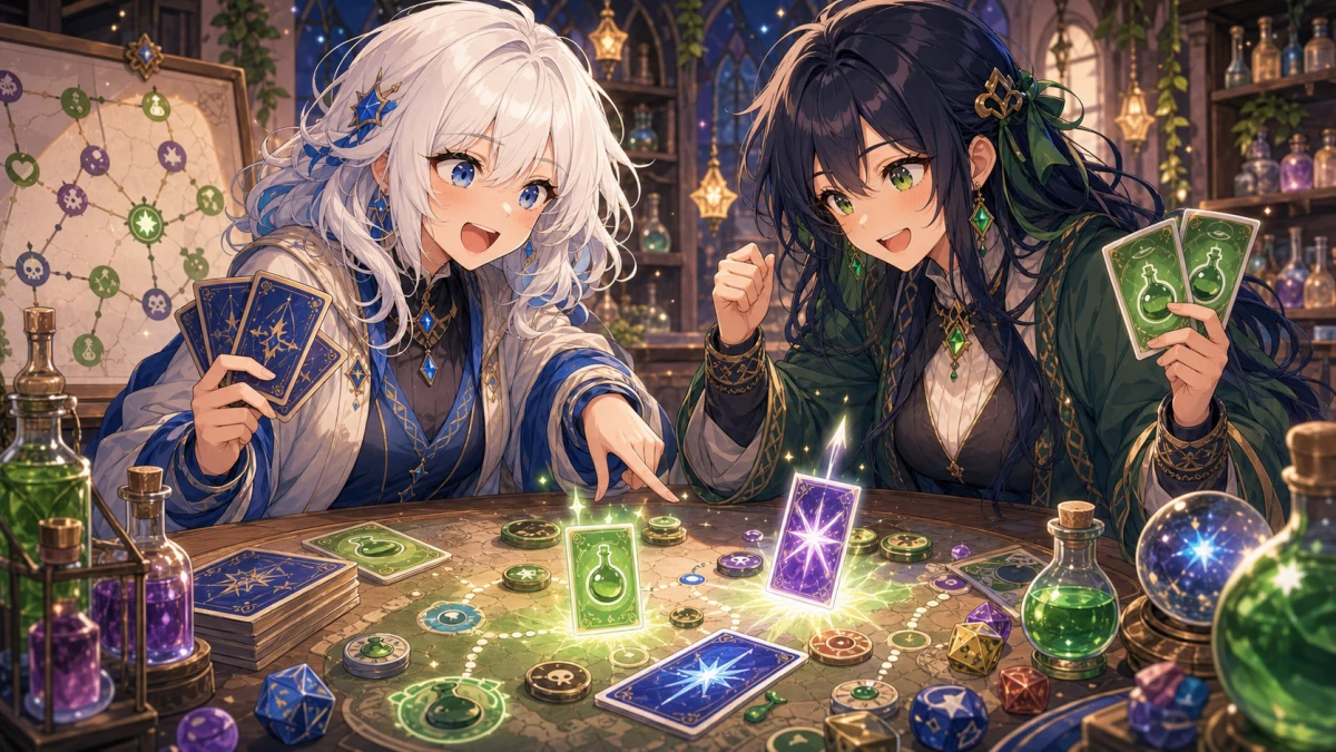 毒の瓶と光るカードを囲んで笑いながら敵に挑む二人の冒険者のイメージ