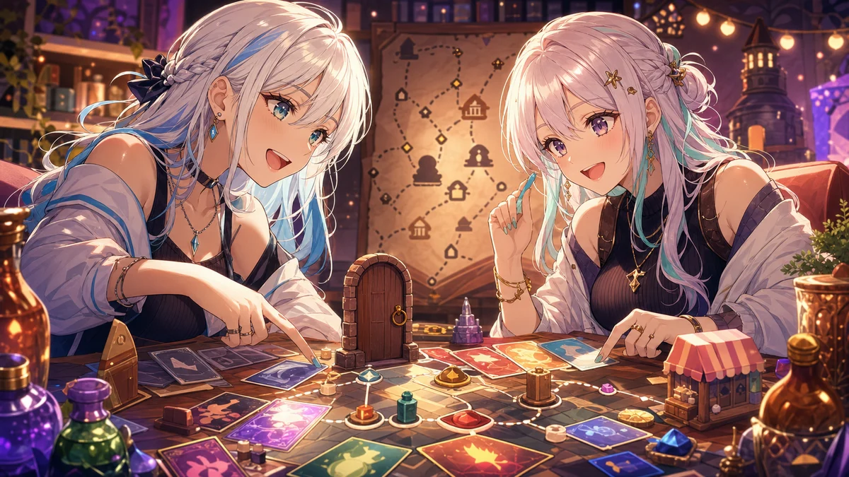 木製の扉とカードを囲んで二人の冒険者が配信後の流れを整理するイメージ