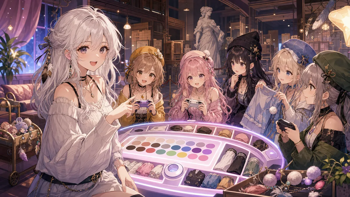 深夜の協力ゲーム部屋でカラーパレットと衣装小物を囲む白髪の女性キャラクターたち