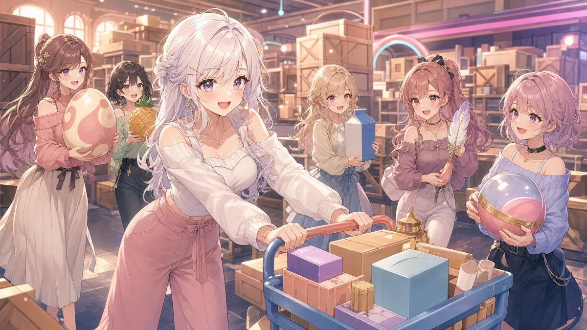 協力ゲームの倉庫で荷物をカートへ積みながら小物を分担して運ぶ女性キャラクターたち