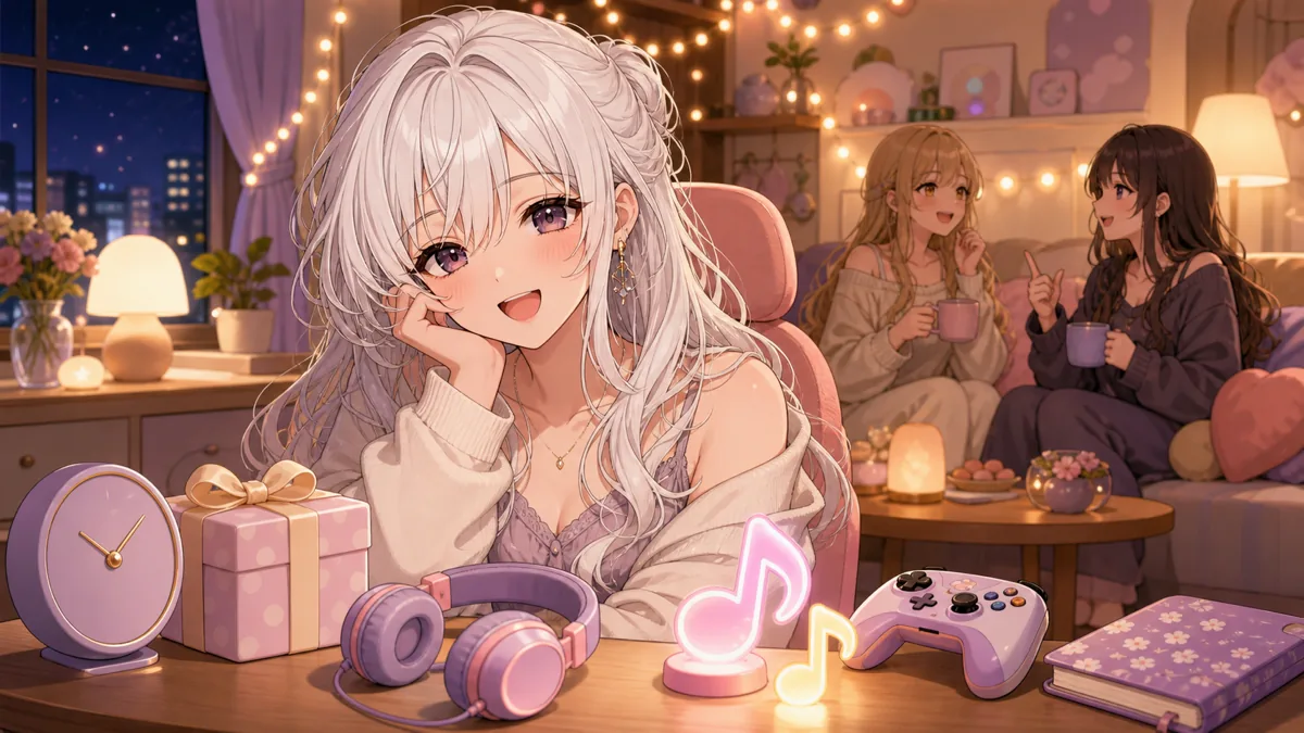 配信部屋の机に並んだヘッドホンや音楽ライトを前にくつろぐ白髪の女性キャラクター