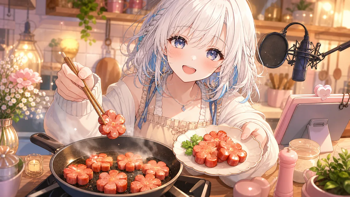 あたたかいキッチンで花形ソーセージを焼くオリジナル女性キャラクターのイメージ
