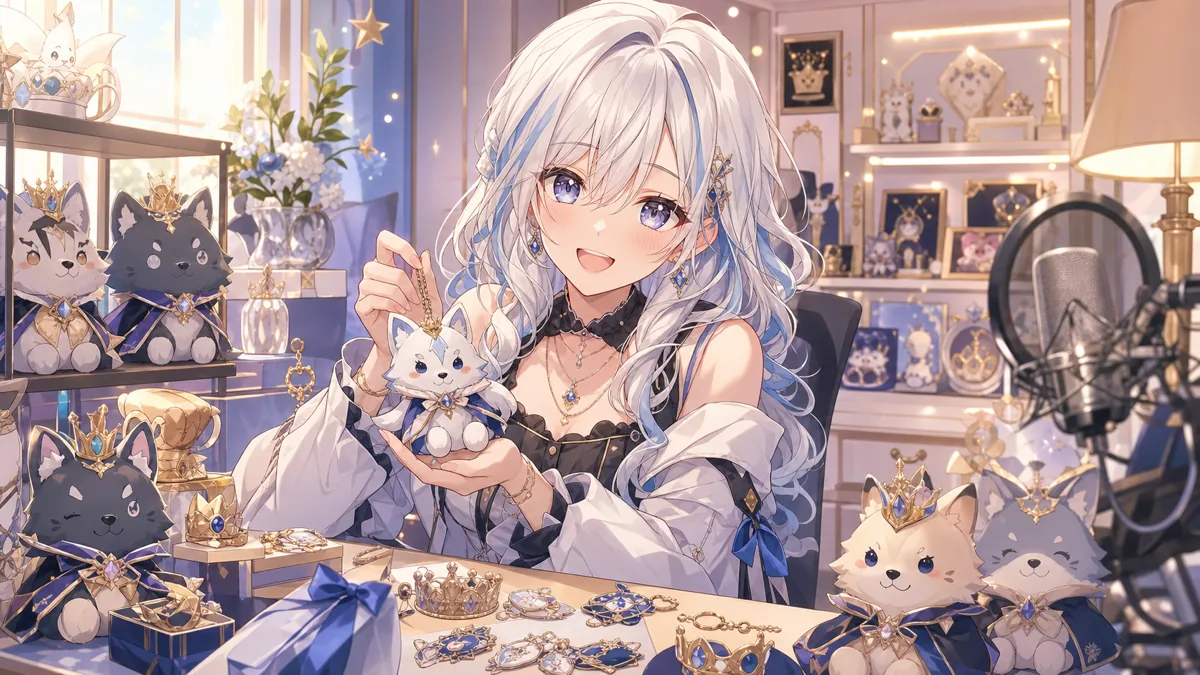 王冠モチーフの小物とぬいぐるみを並べるオリジナル女性キャラクターのイメージ