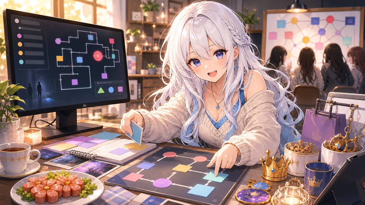 配信部屋の机で抽象的なゲーム計画や食品と王冠小物を整理する白髪のオリジナル女性キャラクターのイメージ