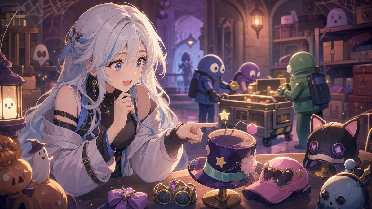 明るい配信部屋でコスメティック小物と納品カートを見つける女性キャラクターのイメージ