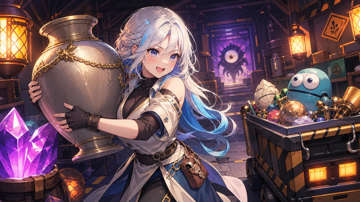 重い小物を抱えながら納品カートへ向かう女性キャラクターと抽象的な目の敵のイメージ