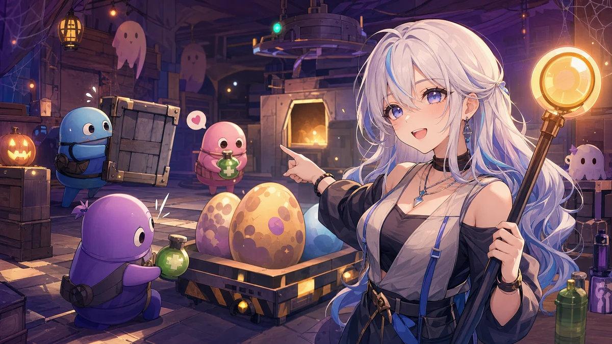 信号のようなマーカーと回復小物を囲んで役割を分ける女性キャラクターのイメージ