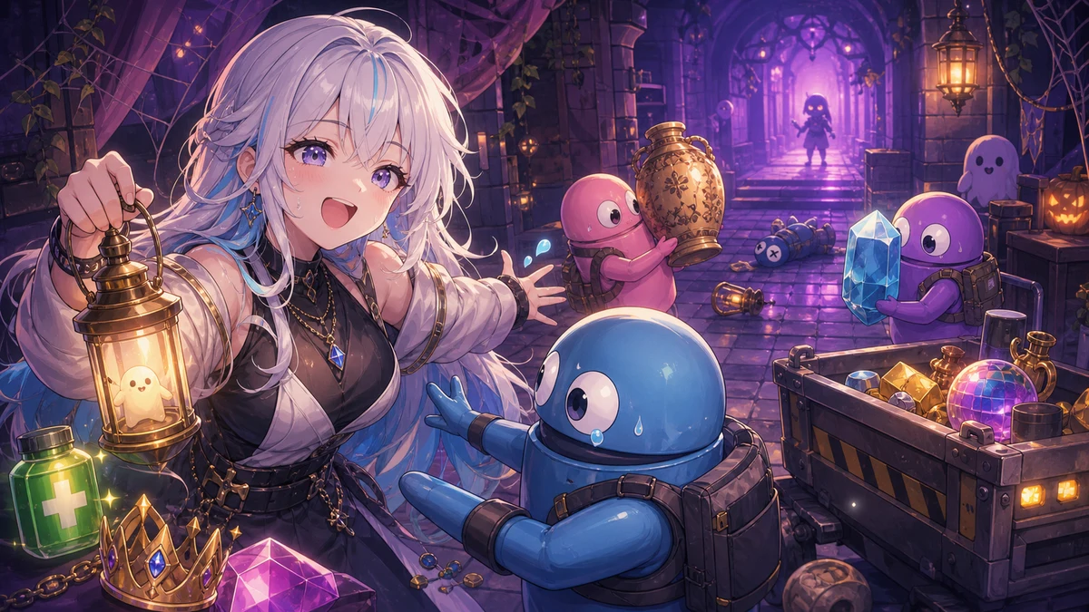 迷子になった仲間をランタンで案内しながら納品カートへ戻る女性キャラクターのイメージ