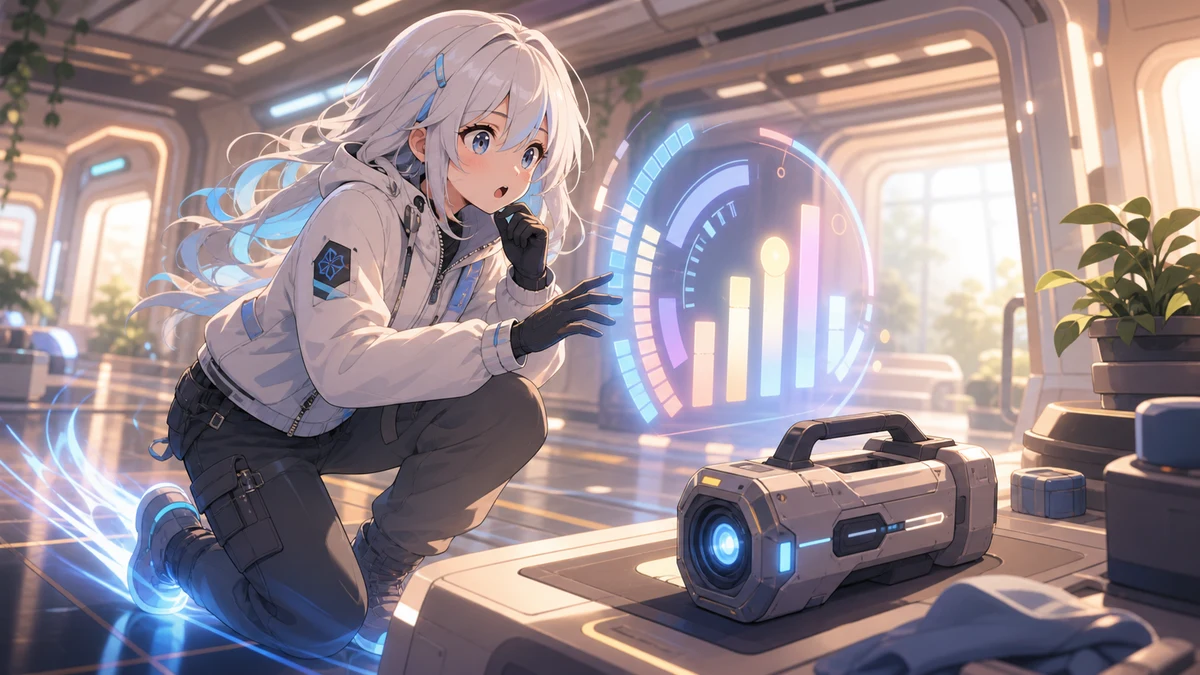 明るい探索部屋でショットガン風の道具と小さな回収品を確認する女性キャラクターのイメージ