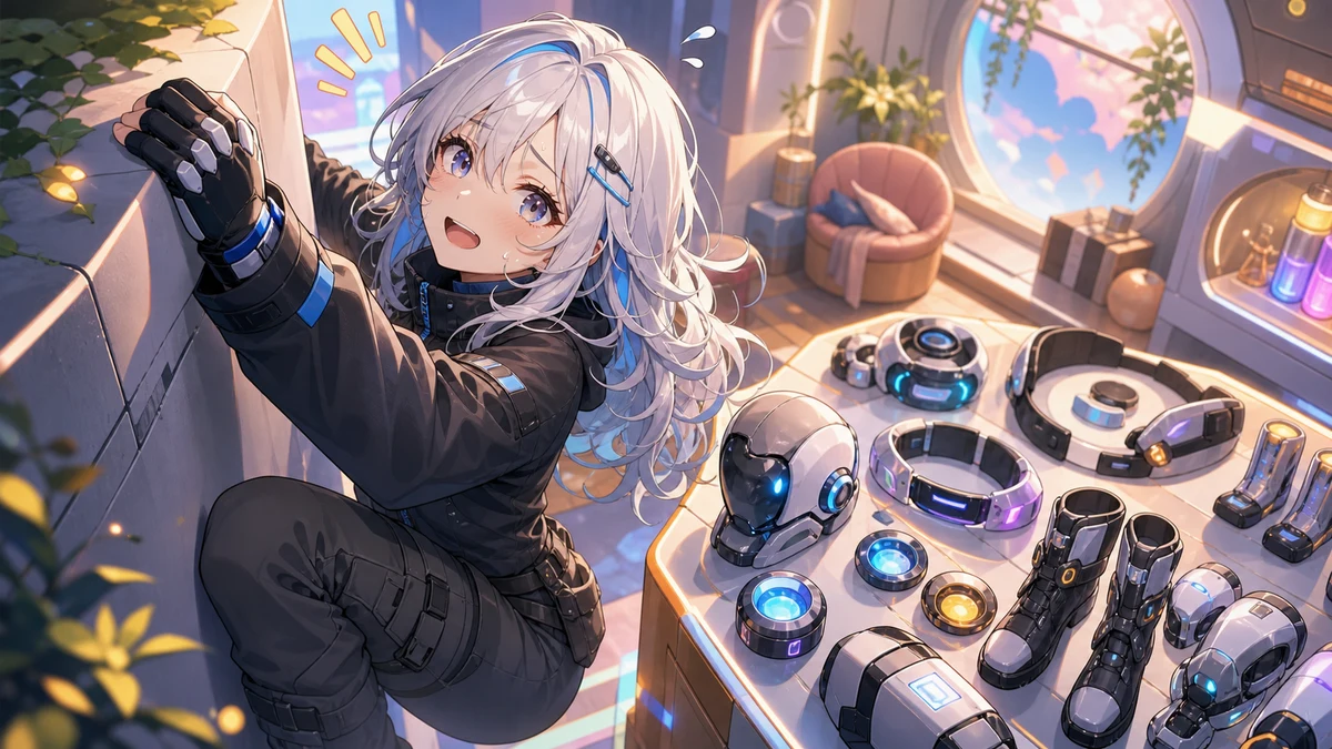 壁際で体勢を立て直したあとカラフルなロボ風アクセサリを選ぶ女性キャラクターのイメージ