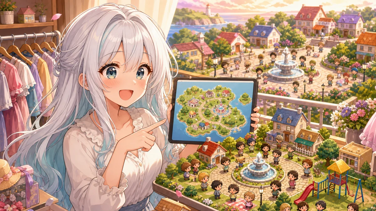 25人に広がった島で看板や公園を確認するオリジナル女性キャラクターのイメージ